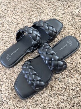 Time and Tru Black Braided Double-Strap Slide Sandals for Women